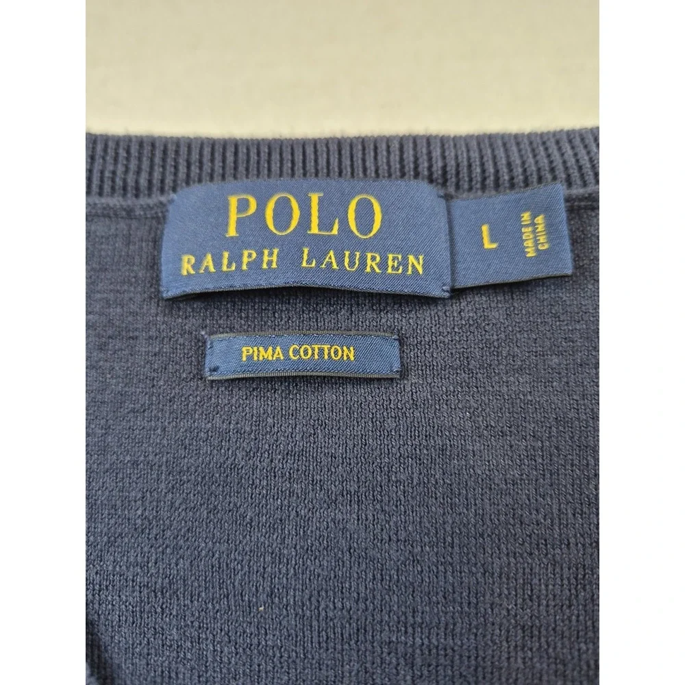 Polo Ralph Lauren Men's Large Pima Cotton V-Neck Sweater Vest Navy Blue Red Logo